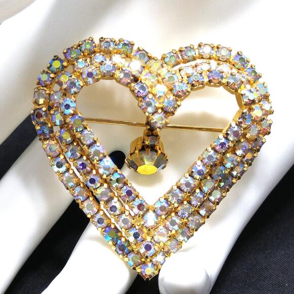 Aurora Borealis Heart Brooch, AB Rhinestone Dangle, 1960s Vintage Jewelry - Picture 2 of 10